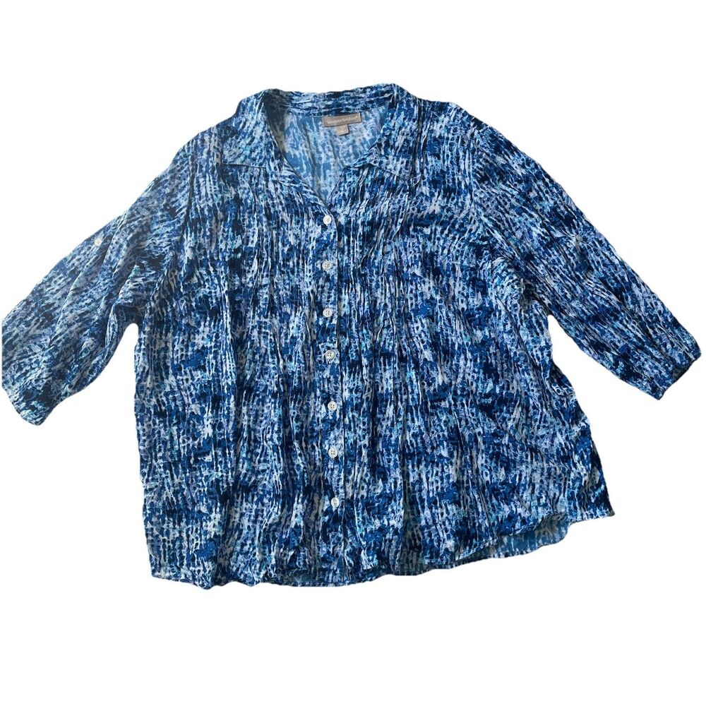 Woman Within Button Up Roll Tab Tunic Top Blouse Plus 2X 26/28 Blue White NWOT